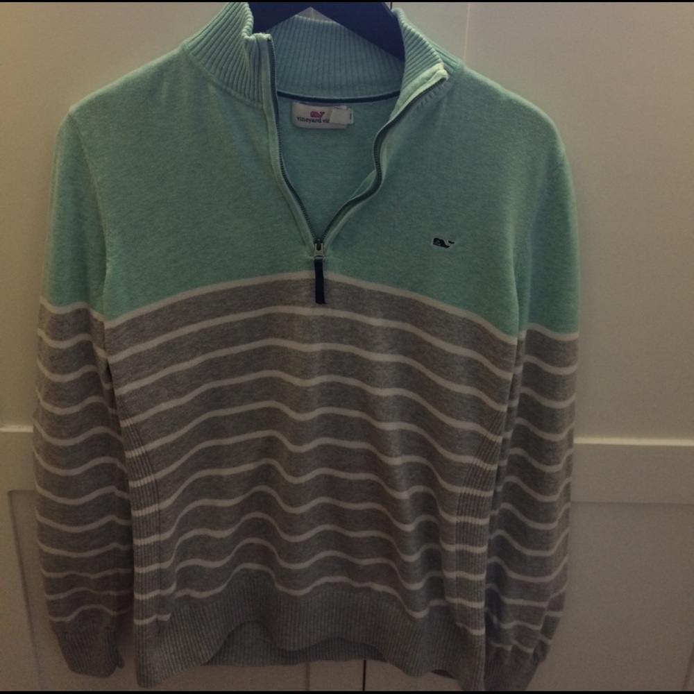 Vineyard Vines Mint Green and Gray Striped Half-Zip Sweater